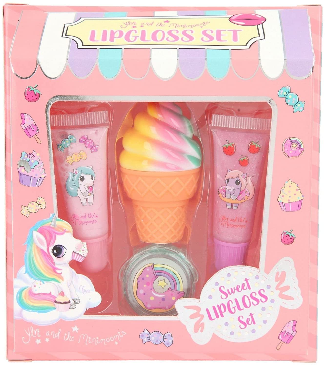 Depesche 11536 Ylvi - Lip-Gloss Set im Candy-Shop Style, duftender Lippenstift zum Auftragen für die Lippen, mit Apfel-, Cola- und Erdbeer-Duft, ‎bunt