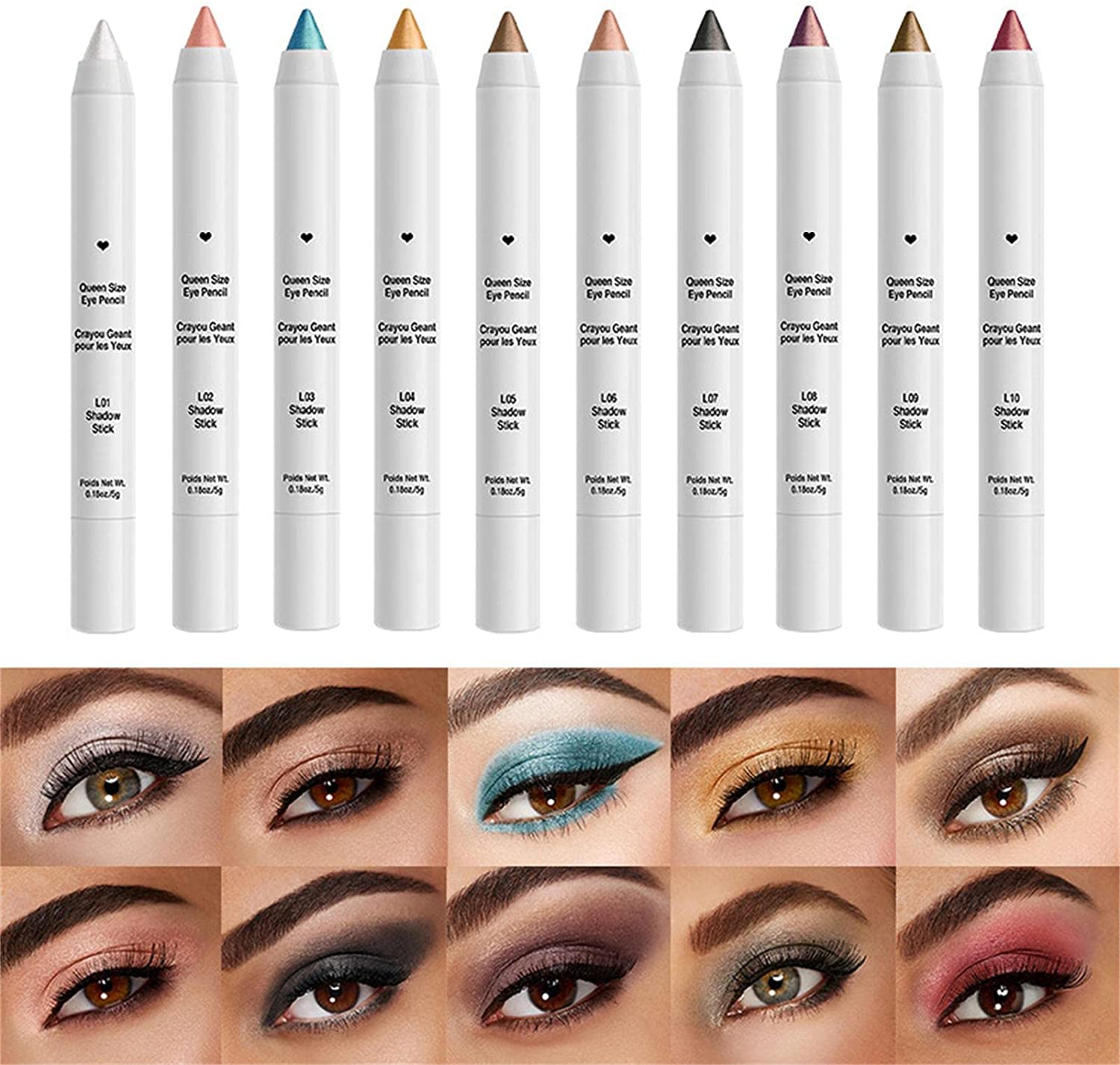 Xianghaoshun 10 Colour Eye Pencil Eyeshadow Highlighter, Eyeliner Crayon Glitter Shimmer, Eye Shadow & Eyeliner Pencil with Sharpener, Durable, Smudgeproof, Easy to Draw Eye Makeup, 