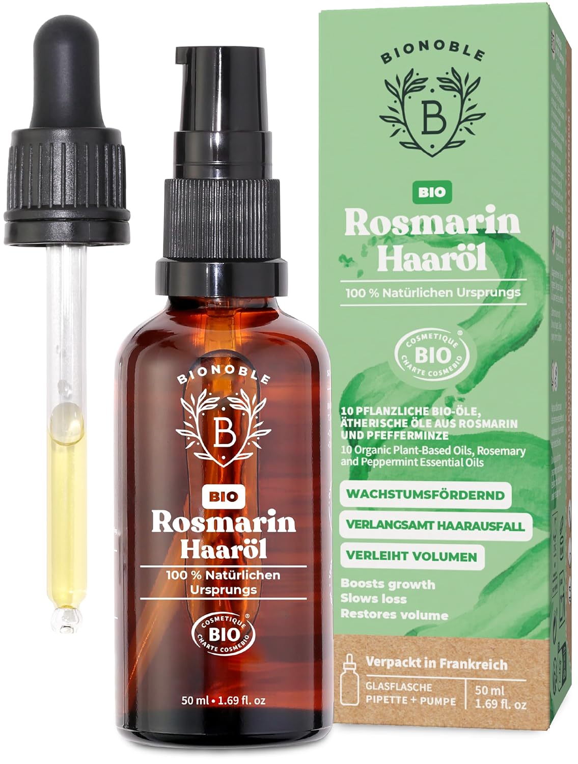 BIONOBLE Organic Rosemary Oil for Hair - Hair Oil Rosemary Against Hair Loss & For Beard Care - Scalp Oil for Care & Regeneration - Vegan Rosemary Oil - 50 ml