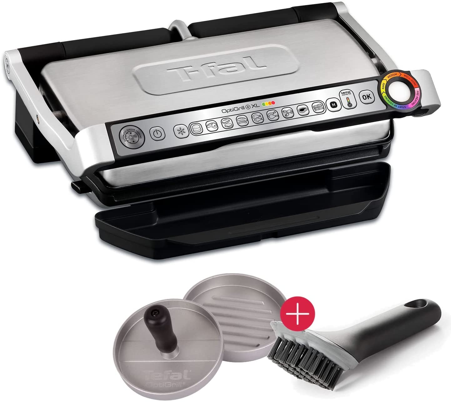 Tefal OptiGrill+ XL Electric Contact Grill + Cleaning Grill Brush + Hamburger Press, 9 Automatic Programmes, Indoor Electric Grill, Ideal Grill Results, Non-Stick Cast Aluminium Plates, Stainless Steel