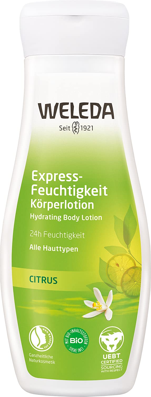 WELEDA Organic Citrus Express Moisturising Body Lotion - Refreshing Natural Cosmetics Body Lotion Provides up to 24 Hours of Moisture for Quick Care of All Skin Types (1 x 200 ml), ‎white