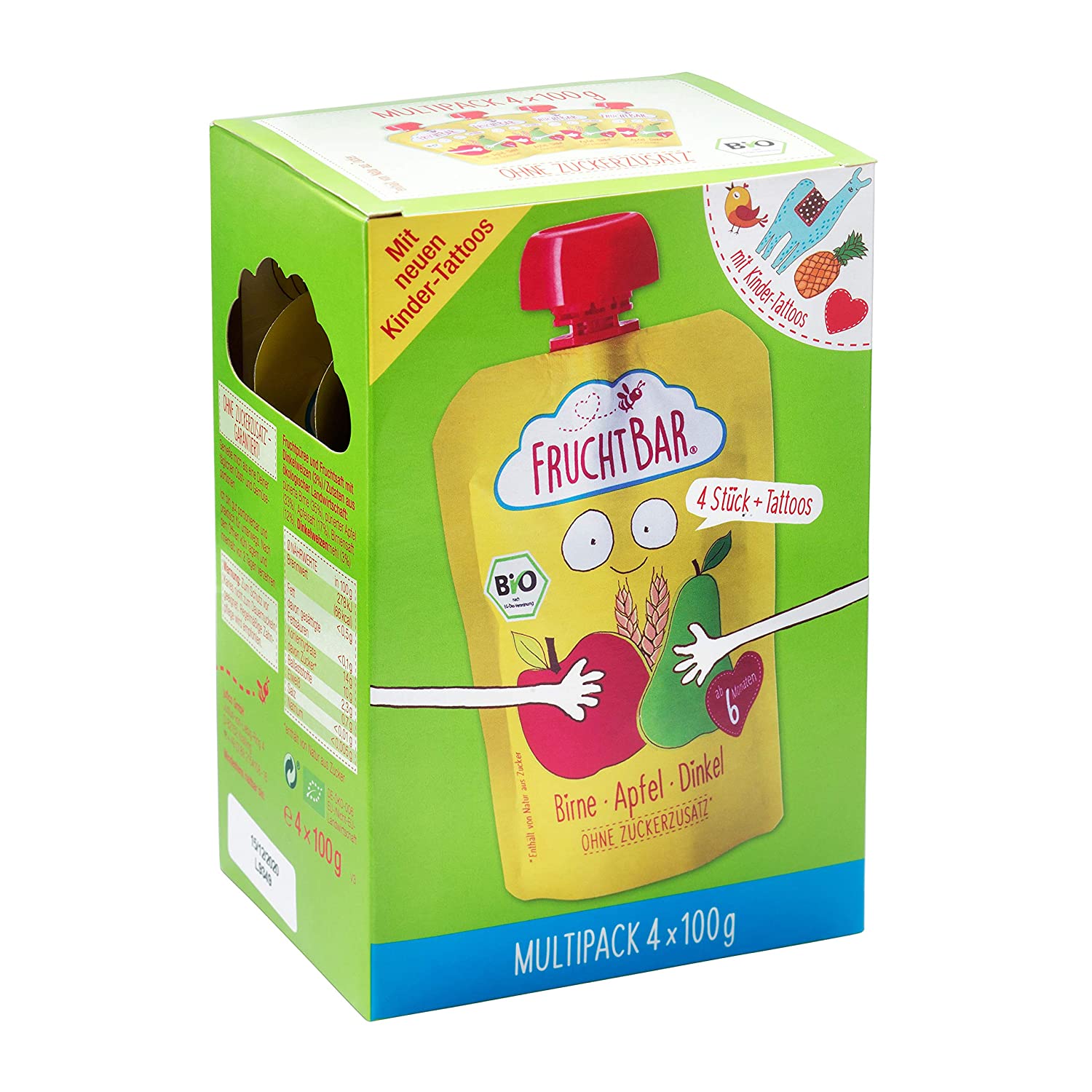 FruchtBar Multipack Bio Fruchtpüree Birne-Apfel-Dinkel mit Kinder-Tattoos, 4x100g