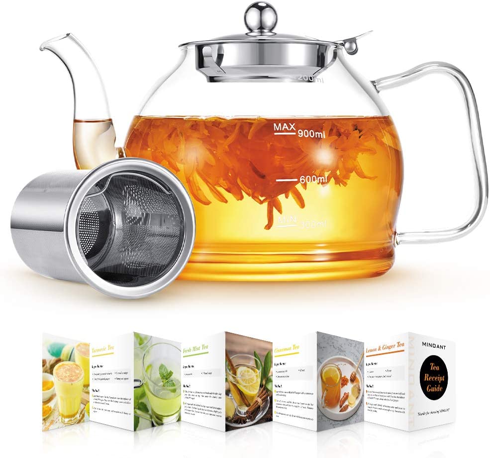 MINO ANT Glass Teapot 1200 ml Teapot with Strainer Insert, Borosilicate Glass Tea Service, Glass Teapot with Strainer Insert, Teapot with Strainer, Tea Infuser for Loose Leaves Teapot - Dishwasher Safe