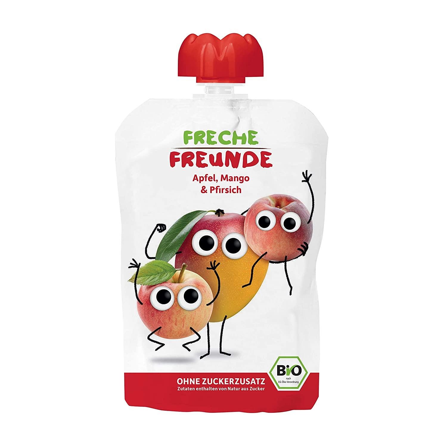 FRECHE FREUNDE Bio Quetschie Apfel, Mango & Pfirsich, Fruchtmus im Quetschbeutel für Babys ab 1 Jahr, glutenfrei und vegan, 6er Pack (6 x 100g)