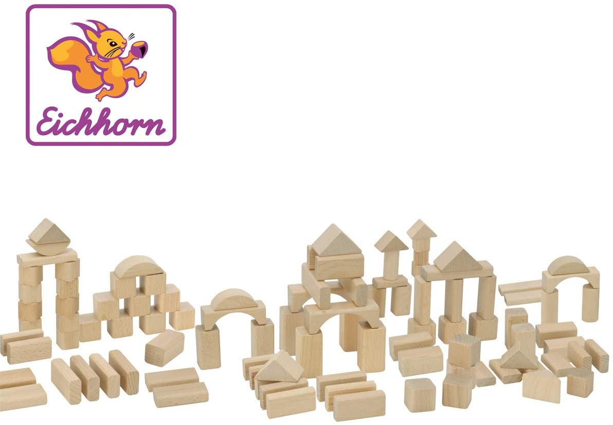 Eichhorn Colourful Wooden Building Blocks In One Shape, Natural