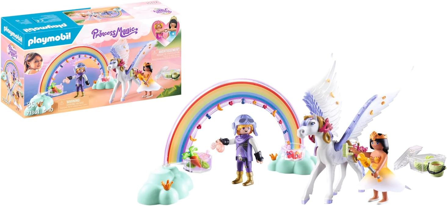 PLAYMOBIL Princess Magic 71361 Heavenly Pegasus with Rainbow, Enchanting Playset with Accessories for Grooming and Feeding the Pegasus, Toy for Children from 4 Years