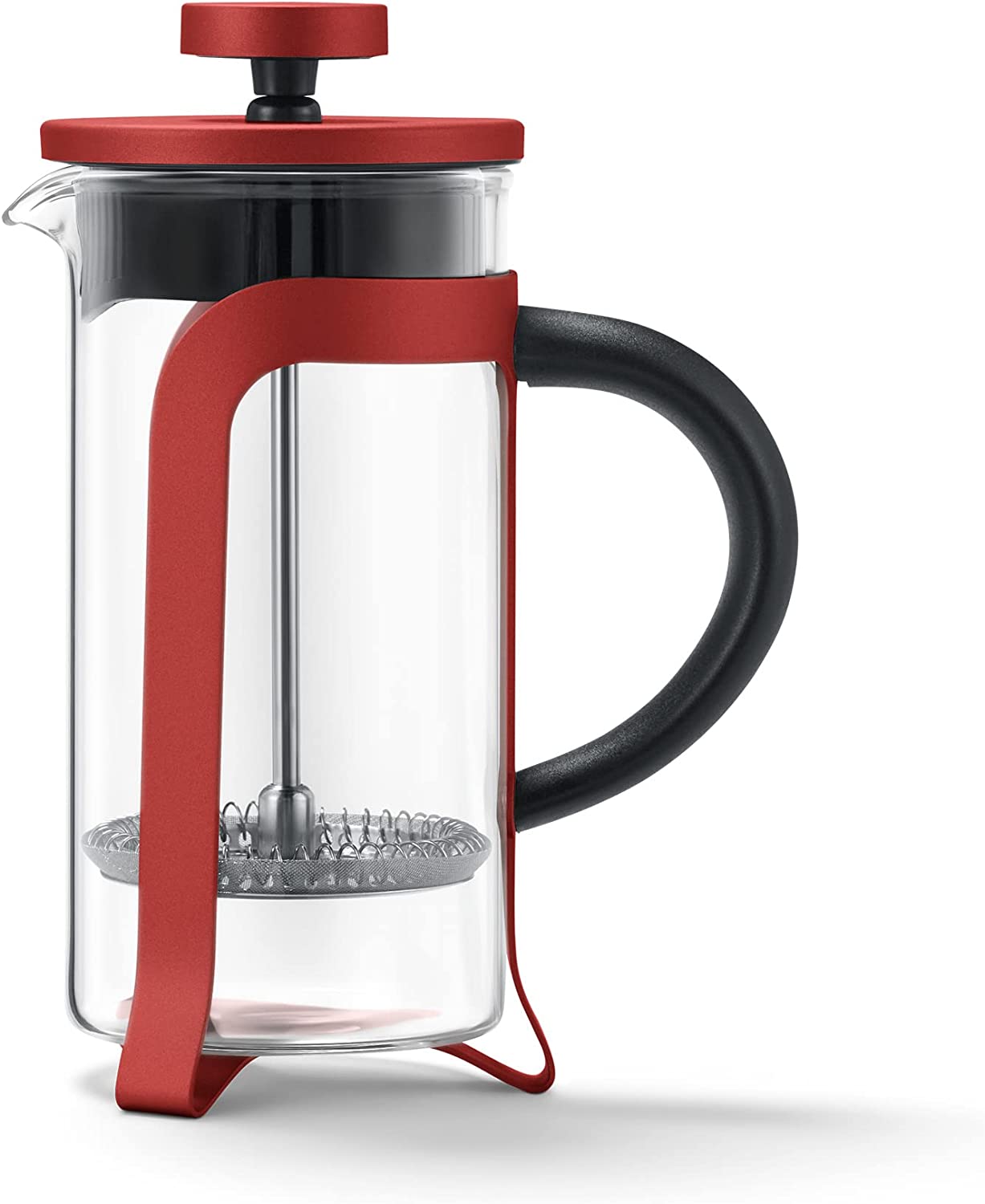 Tchibo Strainer Stamp Jug for Manual Coffee Preparation, French Press with Heat Heat resistant Borosilicate Glass, Dishwasher Safe, 300 ml capacity for Approx. 2 cups, Stainless Steel, Red