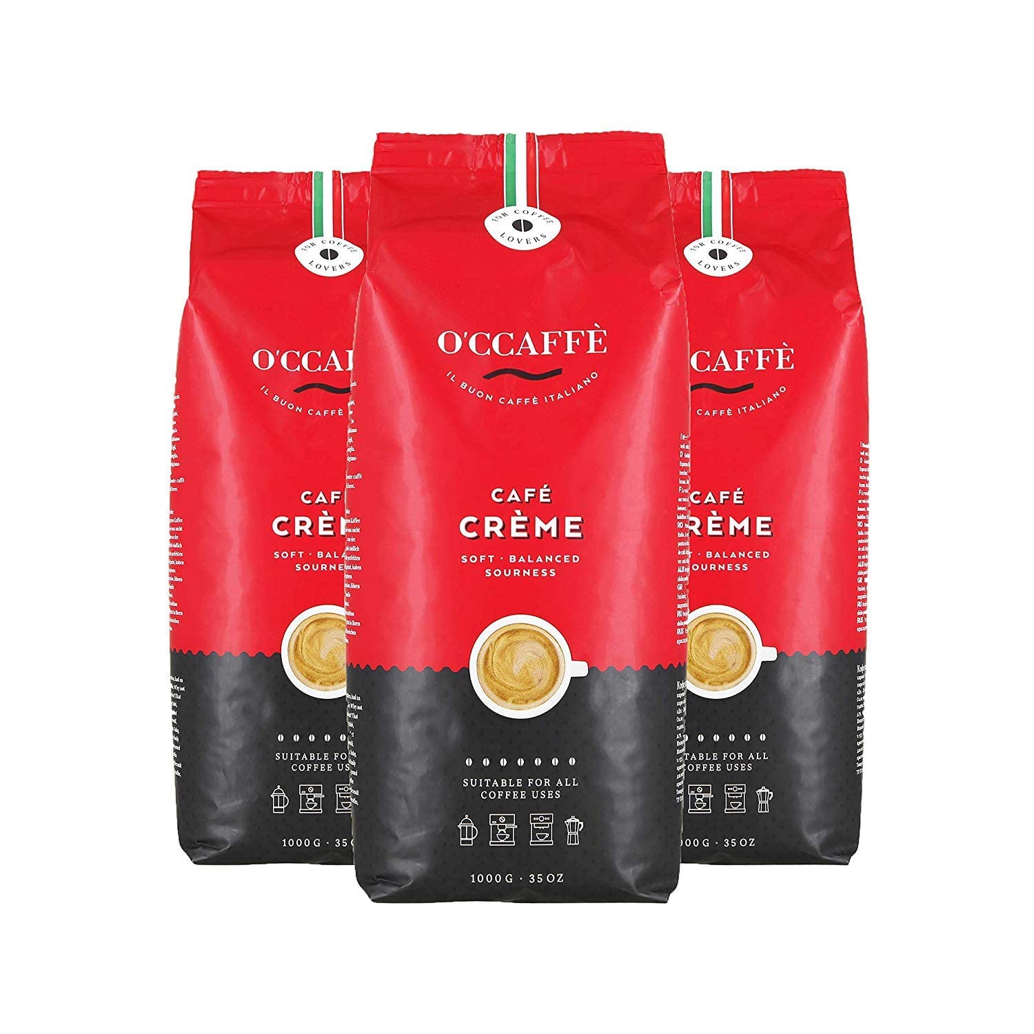 O\'CCAFFÈ Café Crème 3 x 1 kg Whole Coffee Beans Low Acid Aromatic Coffee Crema Extra Slow Drum Roasting from Italian Family Business