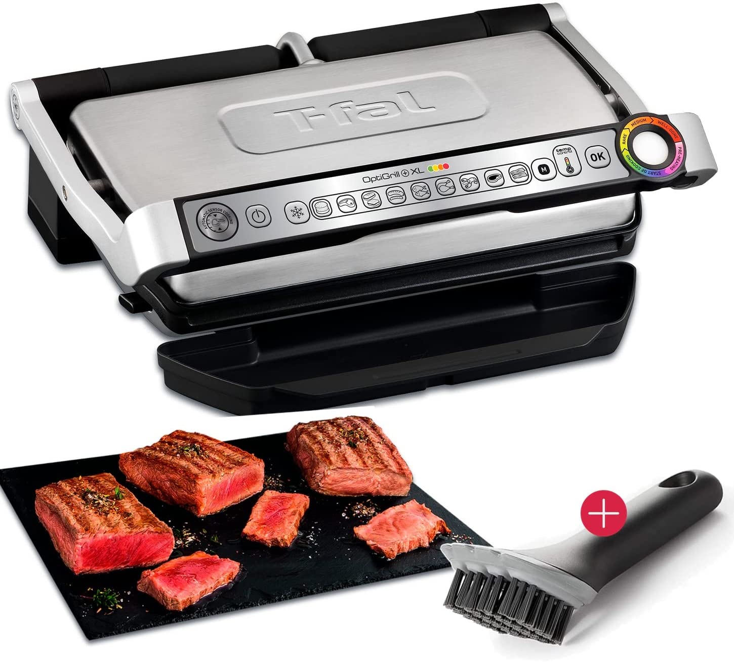Tefal OptiGrill+ XL Electric Contact Grill + Cleaning Grill Brush, 9 Automatic Grill Programmes, Indoor Electric Grill, Ideal Grilling Results, Non-Stick Cast Aluminium Plates, Stainless Steel