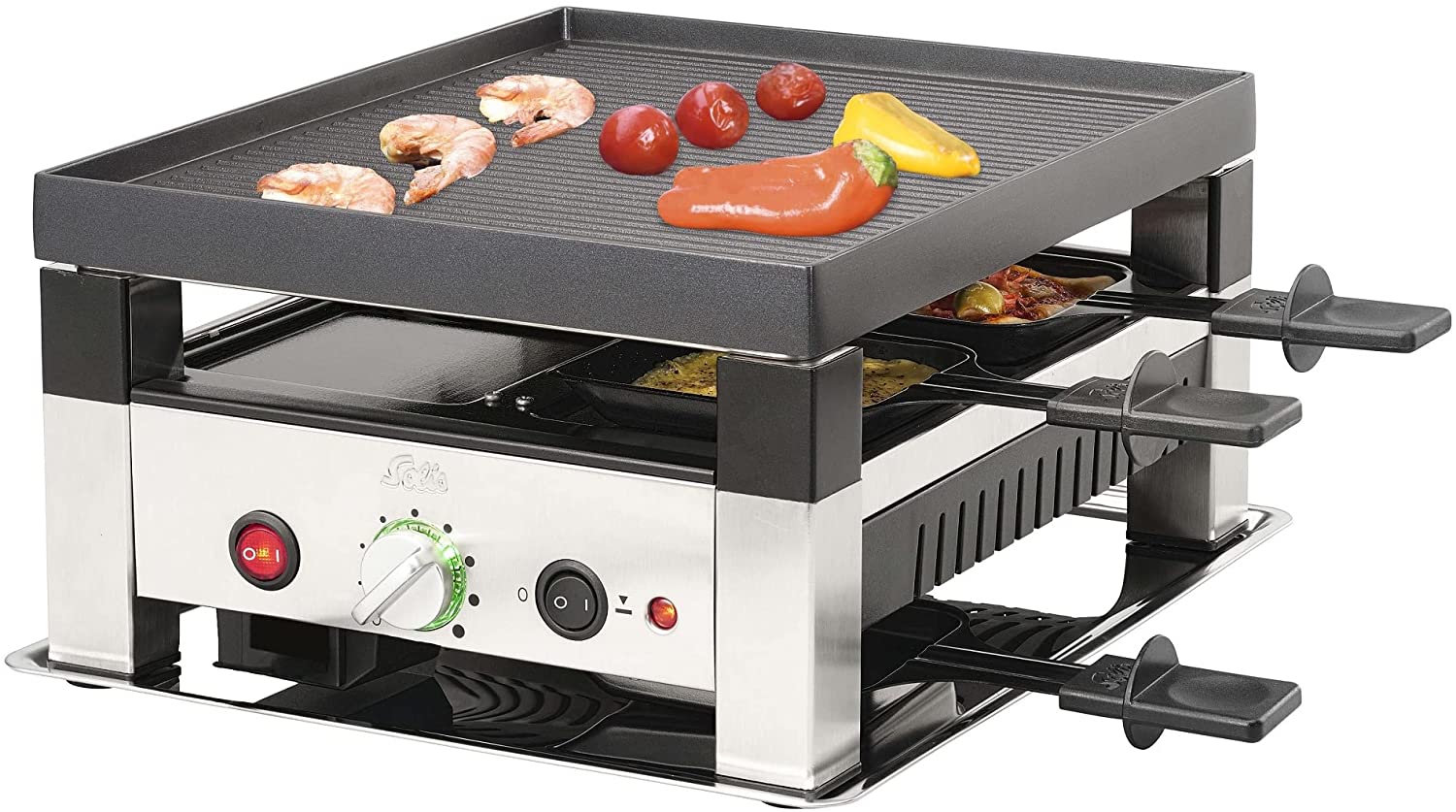 Solis Table Grill 5 in 1 Table Grill for 4 7910 - Raclette + Grill + Wok + Pizza Grill + Crepes - Raclette for 4 People - Stainless Steel