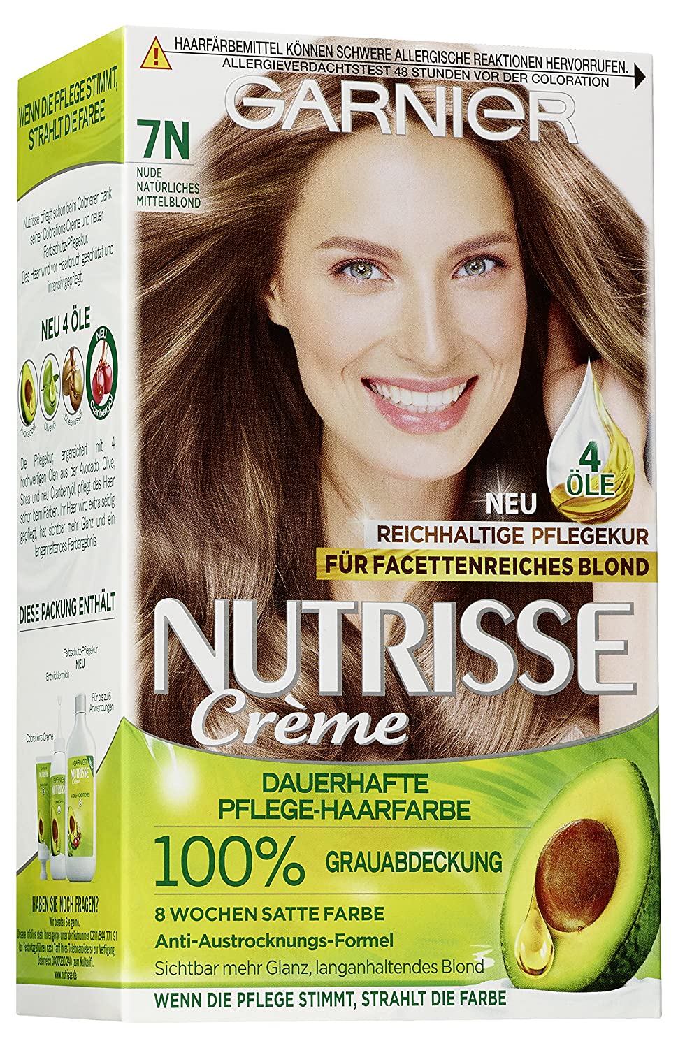 Garnier Nutrisse Cream Colour, Nude Natural Medium Blonde 7N / Colouring for Permanent Hair Colour (with 3 Nourishing Oils) - 3 x 1 Piece, ‎7n