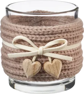 Boltze candle holder made of glass with knitted border, leather strap & wooden hearts, brown, 1 piece