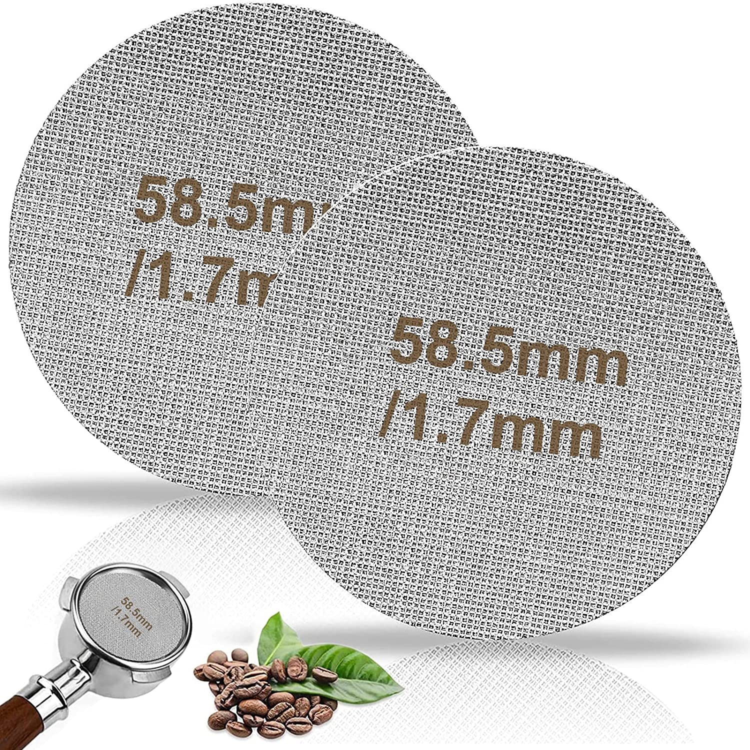 Puck Strainer, 51 mm, Pack of 2, Puck Screen, Sintered Coffee Filter Plate for Espresso Filter Holder Accessories, 1.7 mm Thickness, 150 μm, Stainless Steel, 316, Reusable, Rustproof (2 Pieces 58.5 mm))