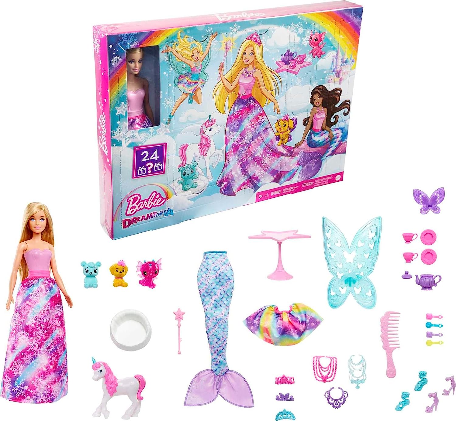 Barbie HGM66 Dreamtopia Fairytale Advent Calendar with Barbie Doll and 24 Surprises, including Fairytale Outfits, Animals and Accessories, Christmas Gift for Children from 3 Years