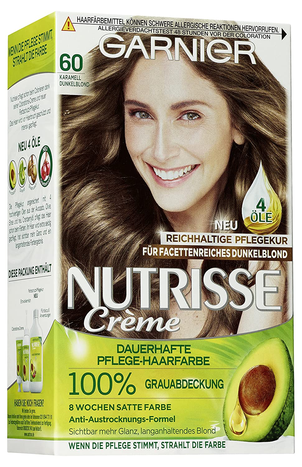 Garnier Nutrisse Cream Caramel Dark Blonde 60 / Colouring for Permanent Hair Colour (with 3 Nourishing Oils) - 3 x 1 Piece, ‎caramel