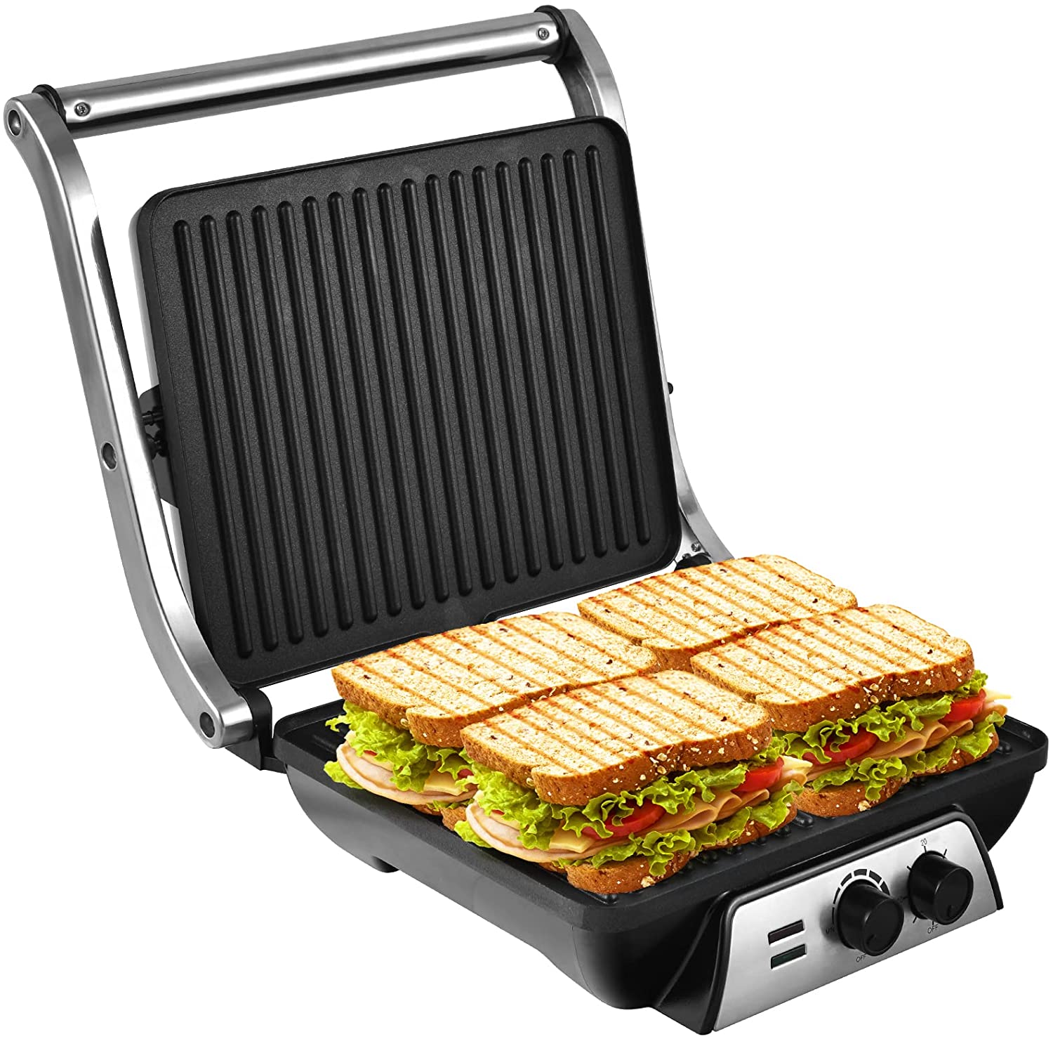 RELAX4LIFE 3-in-1 Sandwich Maker & Contact Grill & Panini Maker, 2000 W Sandwich Toaster with Non-Stick Coated Plates, Stainless Steel Sandwich Maker, Electric Grill with 30 Minute Timer & Temperature Control