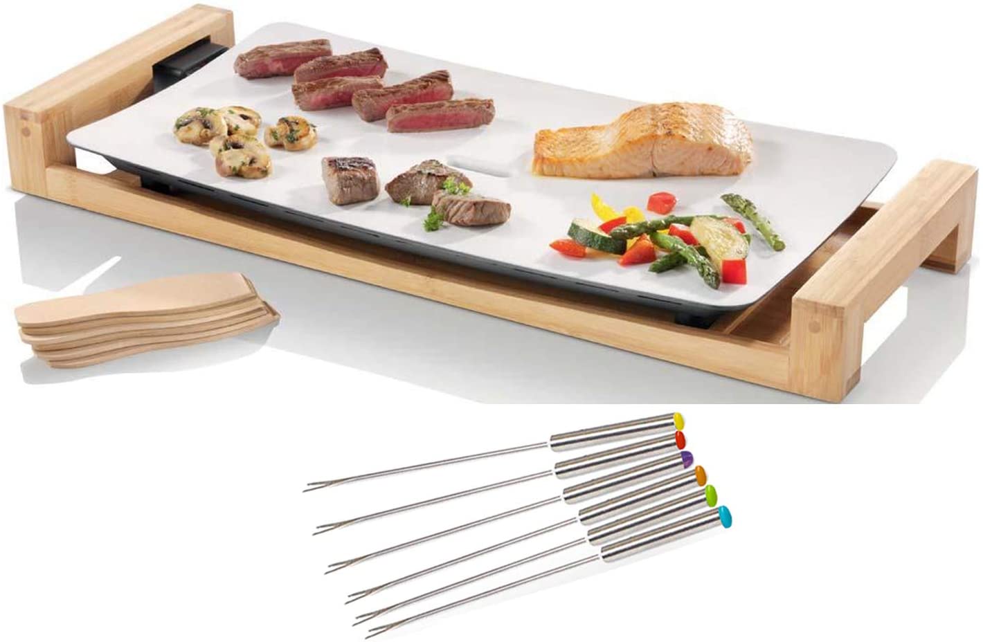Princess Fun Cooking Teppanyaki Grill & 6 Teppan Forks, Table Grill for Balcony, Electric Grill with Bamboo Casing, Large Grill Plate 25 x 50 cm, 2500 Watt