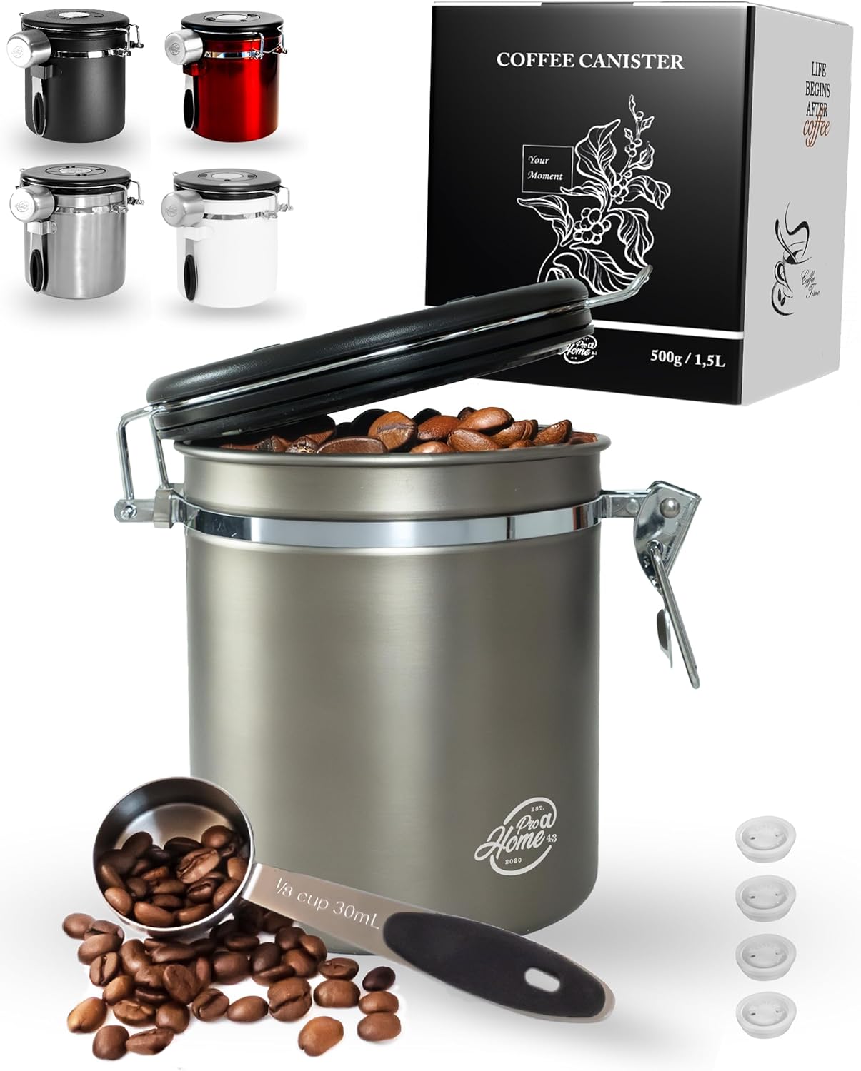Coffee Canister Airtight 500 g - Gun Metal - Coffee Bean Storage Container 1.5 L Made of Stainless Steel with Calendar Function, Includes Dosing Spoon and 4 x C02 Replacement Valves,