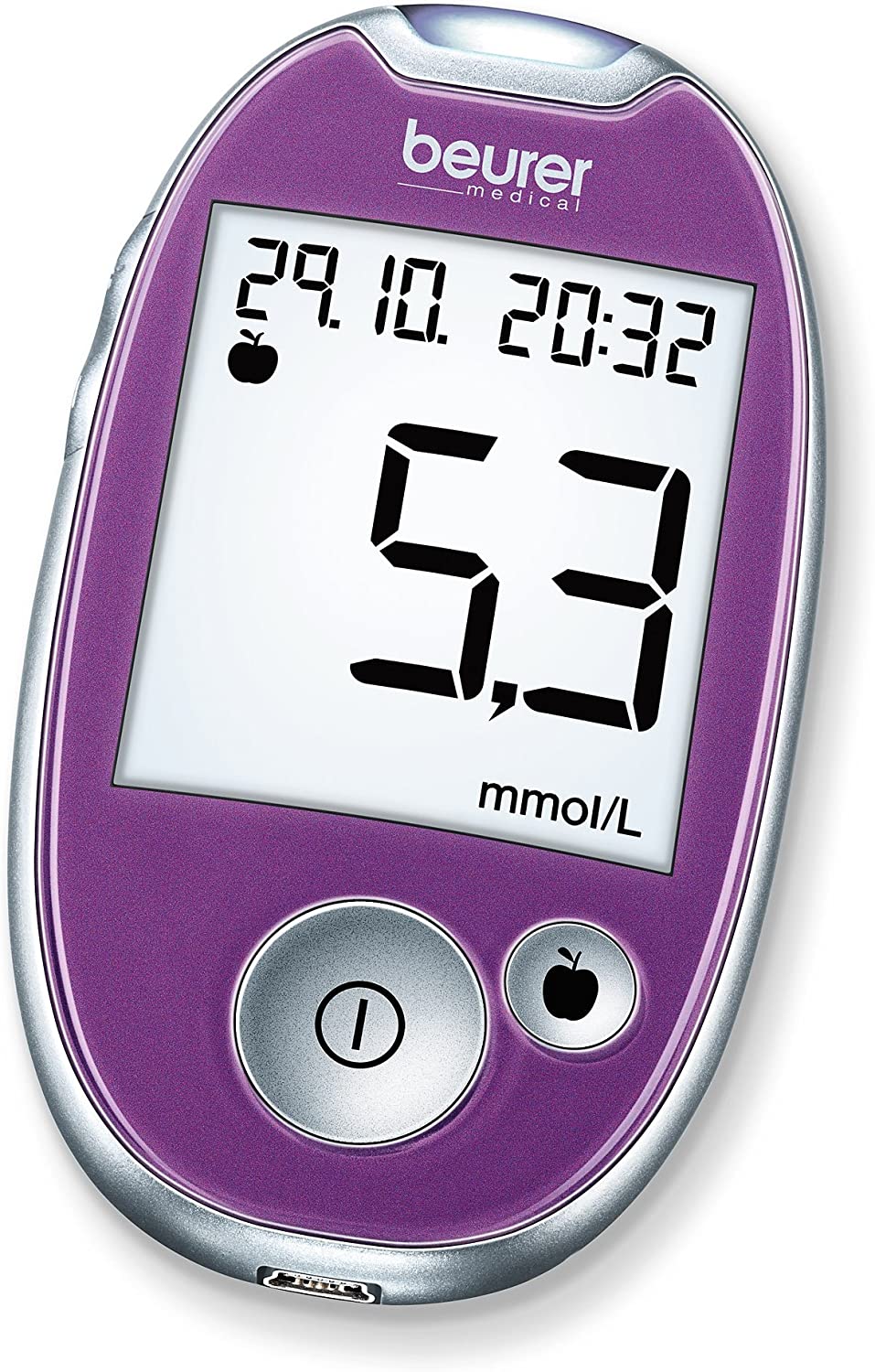 Beurer GL 44 Blood Glucose Monitor mmol/l (Purple, Safe Blood Sugar Measurement with Wide Test Strips and Blood Quantity Control, Compatible with HealthManager Software or App)