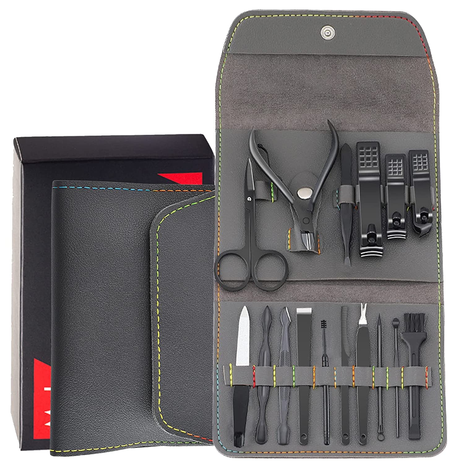 JeoPoom Nail Clippers Set [16 Pieces], Manicure Set, Pedicure Kit, Professional Stainless Steel Pedicure Nail Clippers with Luxury Leather Travel Bag, for Toenails and Fingernails (Grey), ‎grau