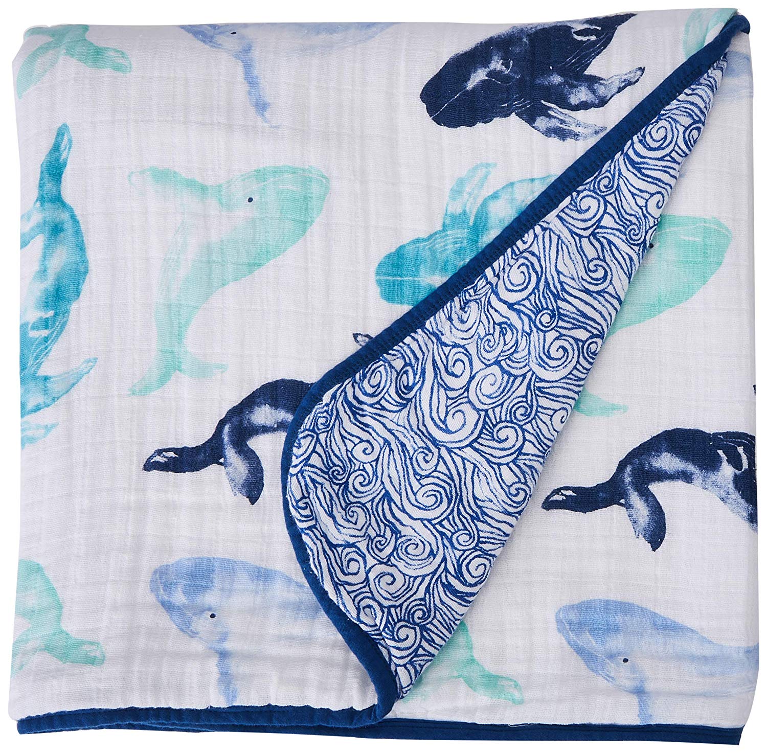 aden + anais Dream Blanket, 4 Layers, 100% Cotton Muslin, 120 cm x 120 cm, Seafaring - Whale