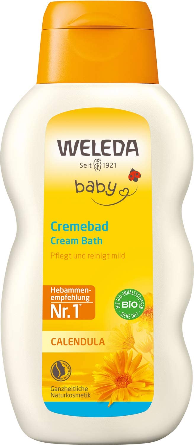 WELEDA Organic Baby Calendula Cream Bath, Nourishing Natural Cosmetics Cleansing for Dry and Sensitive Baby Skin, Nourishing Bath without Surfactants for Babies and Toddlers (1 x 200 ml), Yellow, ‎gelb