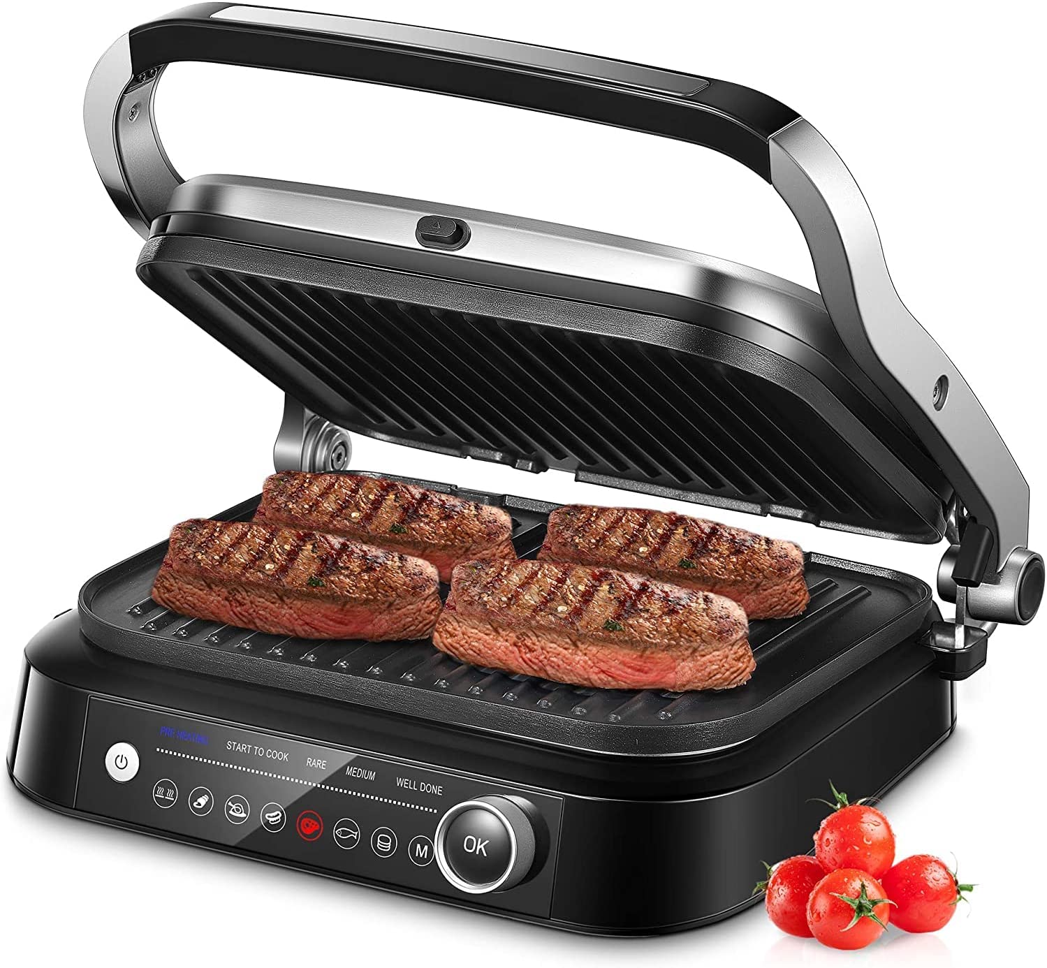 N / B Contact Grill, Intelligent Electric Grill 2100 W | 8 Preset Grill Programmes | Overback Function | Removable Plates Dishwasher Safe 31 x 24 cm