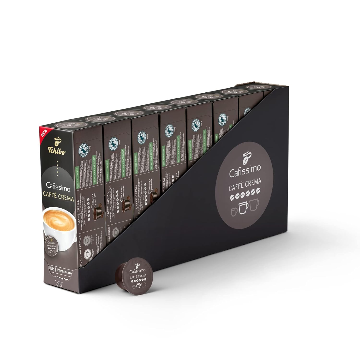 Tchibo Cafissimo Storage Box Caffè Crema Strong Coffee Capsules, Pack of 80 - 8 x 10 Capsules (Coffee, Intense with Strong Roasted Aromas), Sustainable & Fair Trade