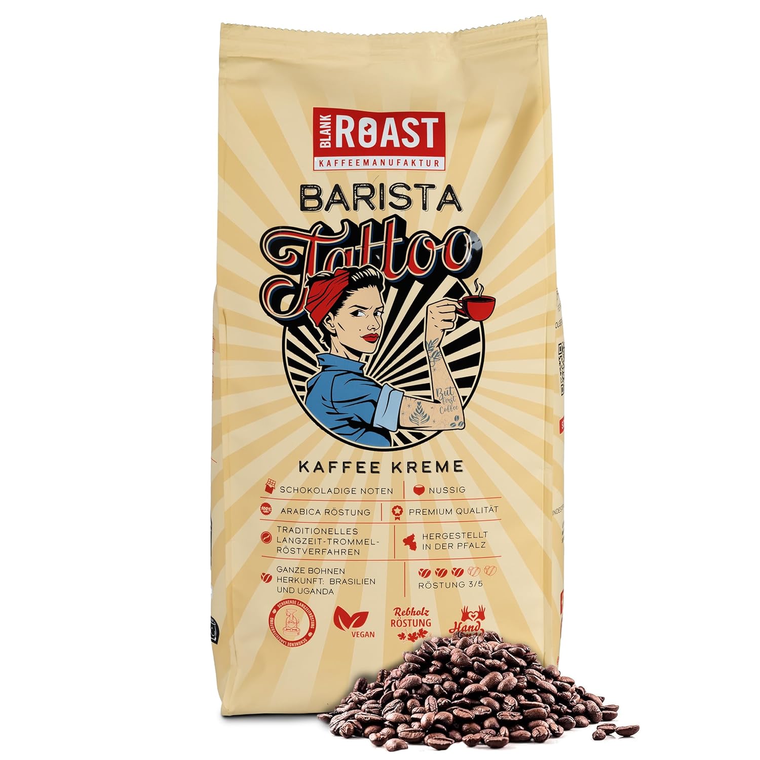 BLANK ROAST - Barista Tattoo Coffee Cream - 1000g - Roasted in Long-term Drum Roasting - Beans from the Best Growing Regions - Premium Arabica - Strong, Chocolate & Nutty - Low Acid