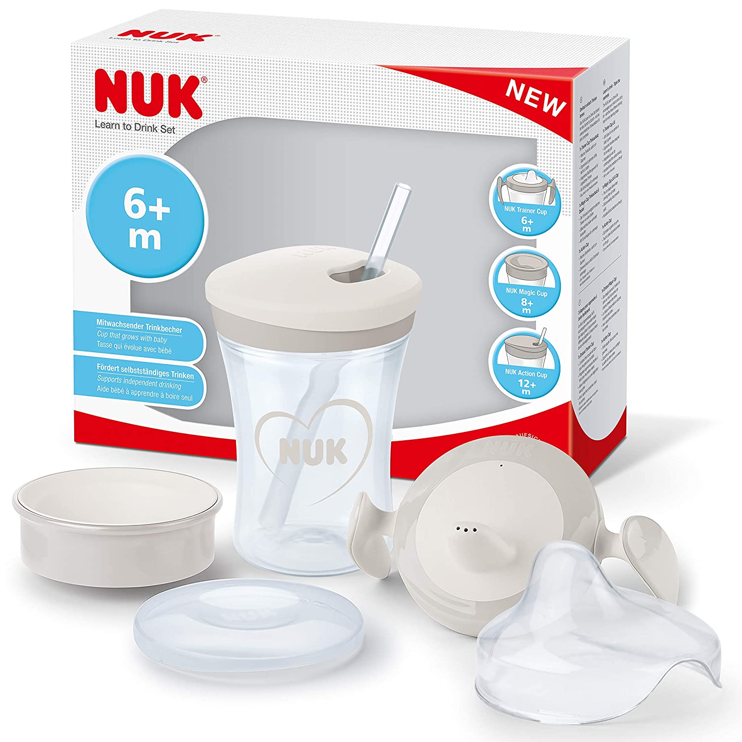 NUK 3-in-1 Drinking Set with Trainer Cup Trainer Cup Sippy Cup (6+ Months), Magic Cup 360° Drinking Cup (8+ M) & Action Cup Learning Bottle (12+ M) | 230 ml | BPA-Free | Heart (Neutral)