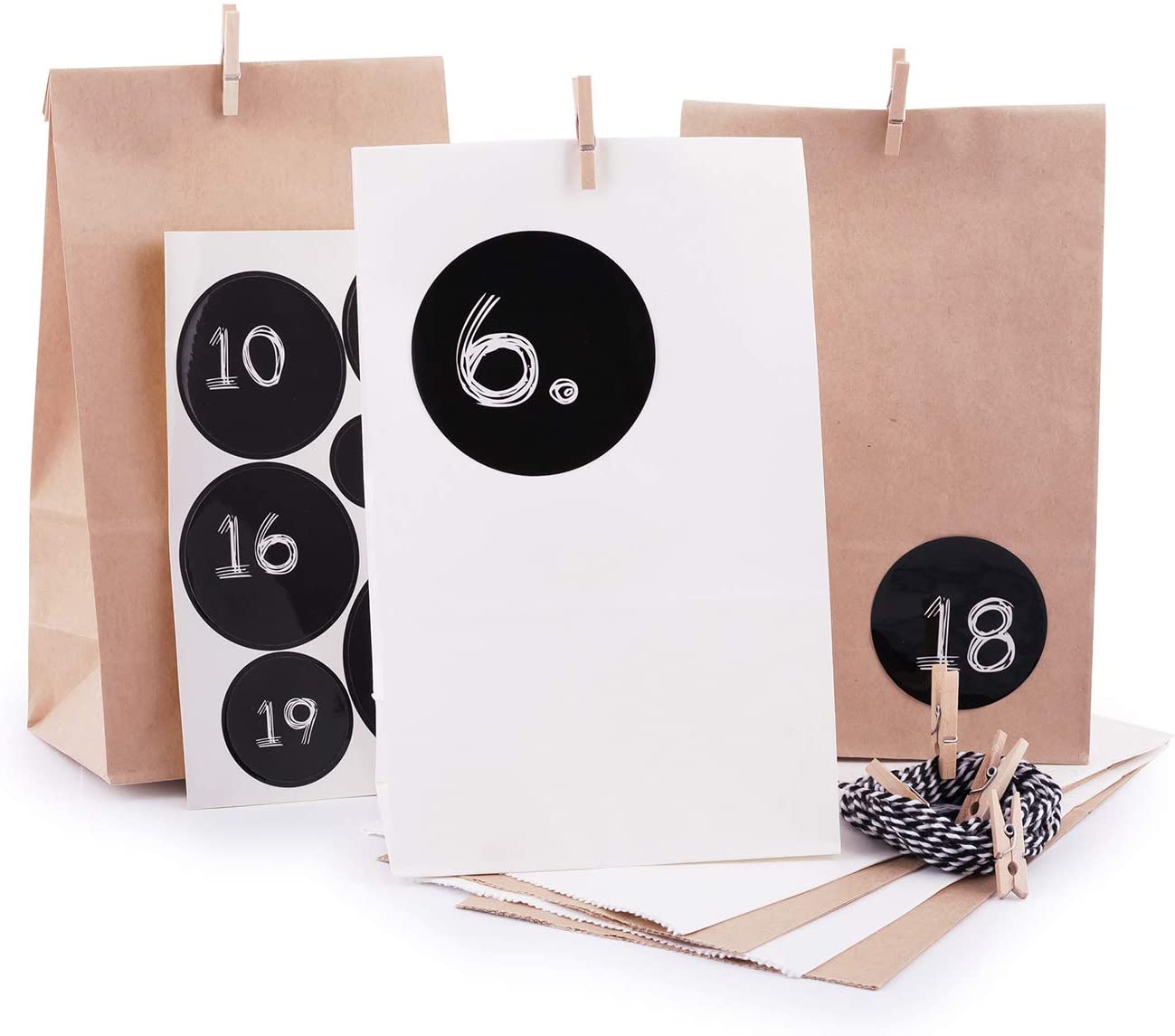 Pajoma Advent Calendar for Filling Modern 24 Kraft Paper Bags White Brown Gift Bags Christmas Calendar Craft Set Including Number Stickers, String and Clips