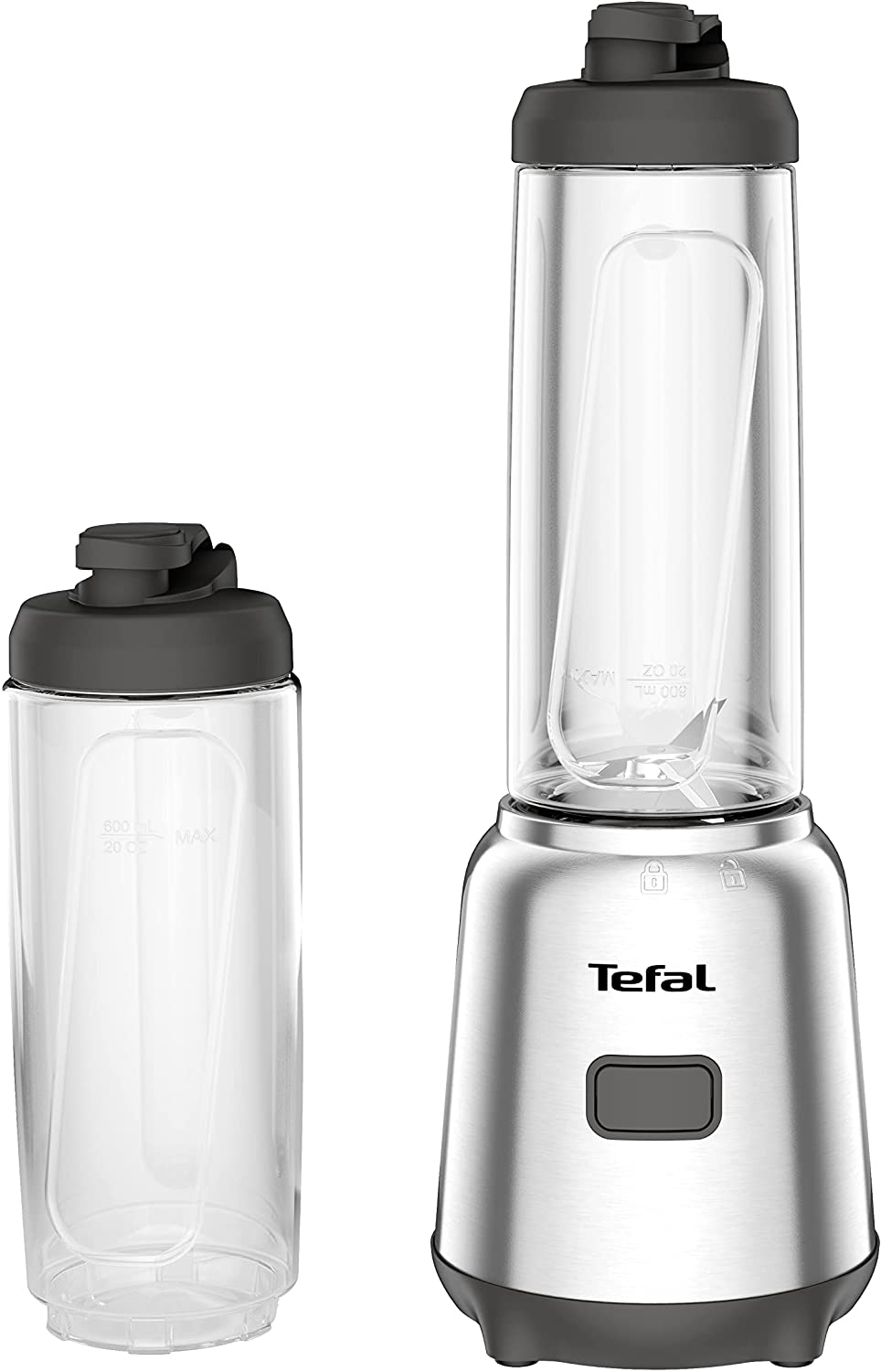 Tefal BL15FD Mix & Move Mini Blender | 300 Watt | 2 Bottles To-Go in Premium Tritan | Compact Design | Easy to Clean | Removable Blades | Single Button Operation | Silver/Grey