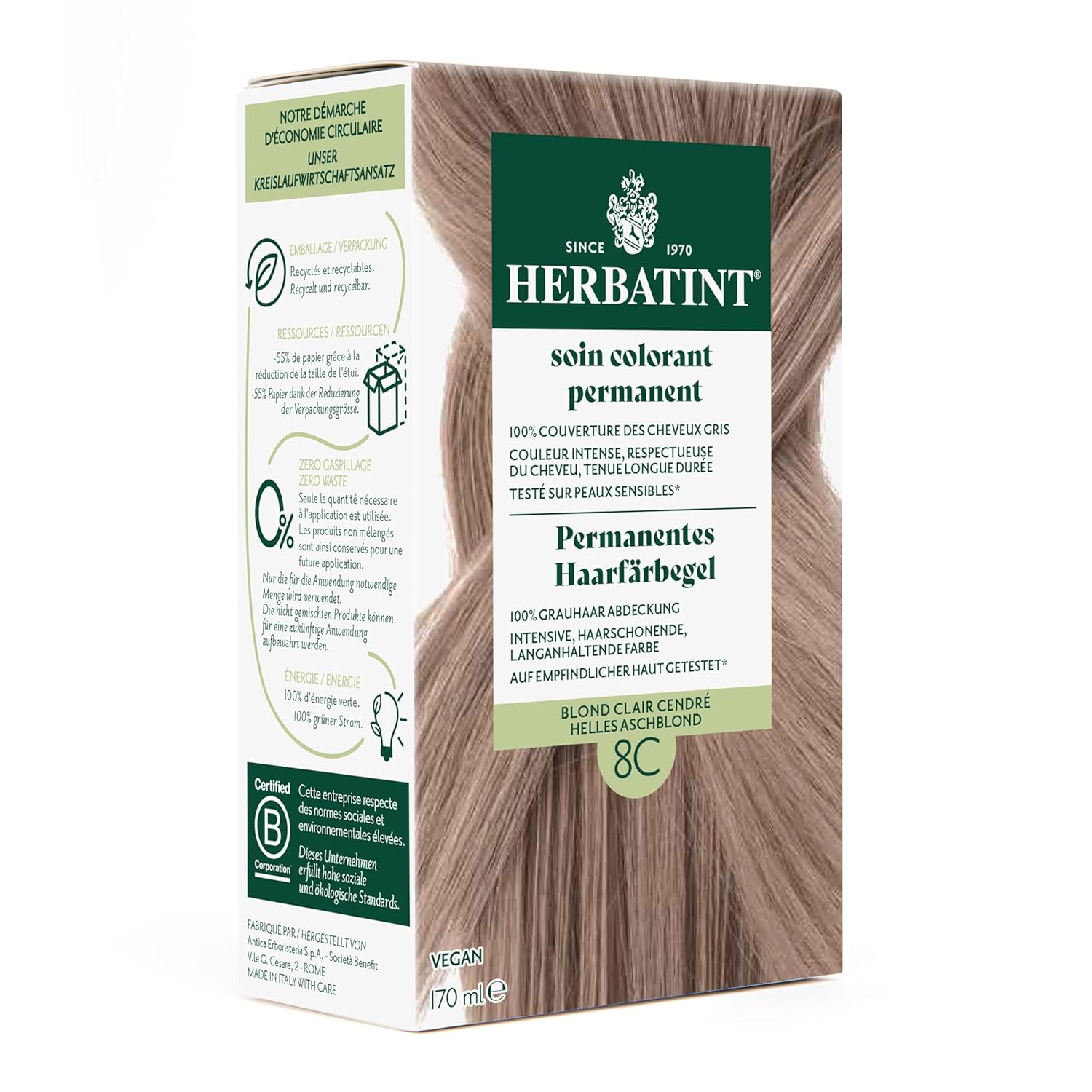 Herbatint Permanent Hair Dye Gel 8C Light Ash Blonde - 170 ml I No Ammonia, Optimal Gray Hair Coverage I Tested for Sensitive Skin with 8 Plant Extracts