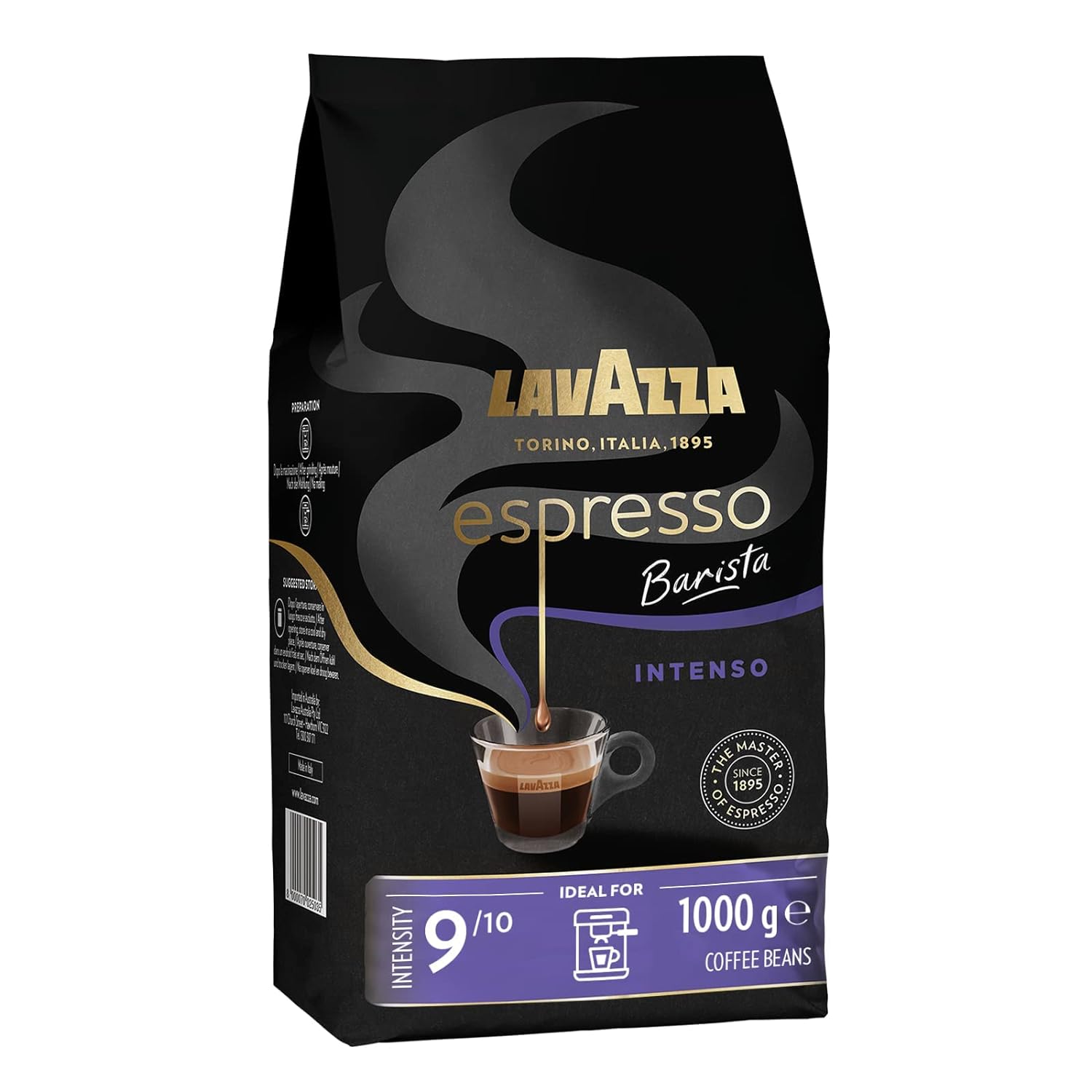 Lavazza, Espresso Barista Intego, entire Arabica and Robusta coffee beans, with cocoa and wooden aromas, for an intensive coffee, intensity 9/10, medium roasting, 1 kg pack
