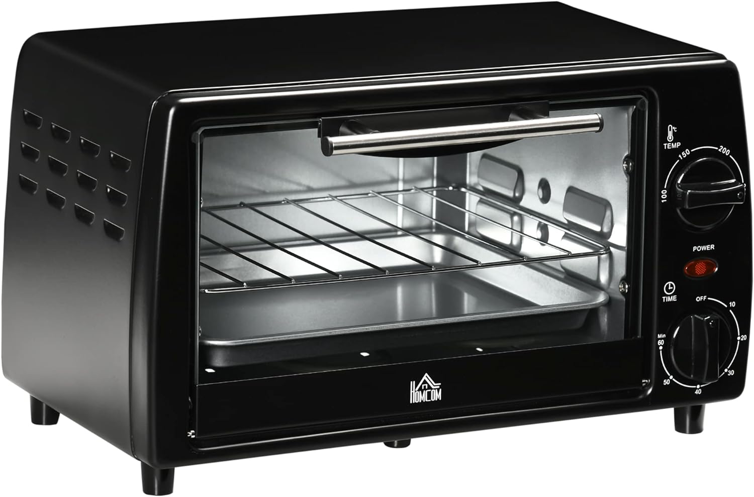 HOMCOM Mini Oven 10 Liters 750 W Small Electric Oven with Temperature up to 230 °C Timer 60 Minutes Baking Tray and Rack 36.5 x 26 x 22 cm Black