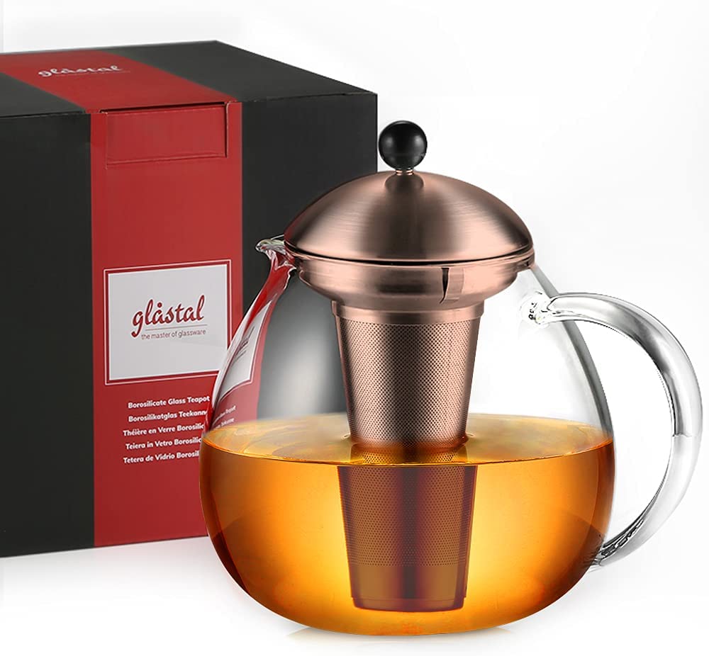 glastal Glass Bronze Teapot 1500 ml with 18/8 Stainless Steel Tea Strainer Borosilicate Glass Tea Maker Glass Jug Suitable for Tea Warmers