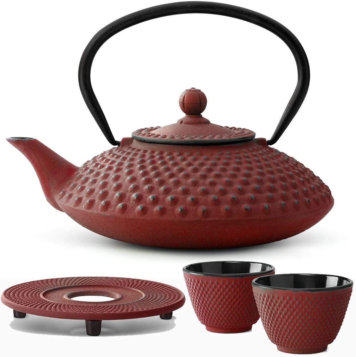 Bredemeijer Asian Cast Iron Teapot Set Red 1.25 Litres with Tea Filter Strainer with Warmer and Tea Cup (2 Cups) Red