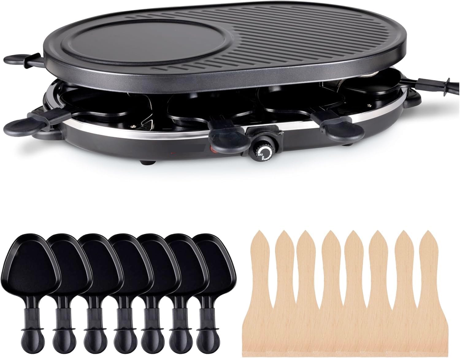 Set of 8 Raclette People Grill Round Oval Table Grill with Pan & Scraper & Grill Plate & Crepes Function with Stone Plate 1400 Watt - Round