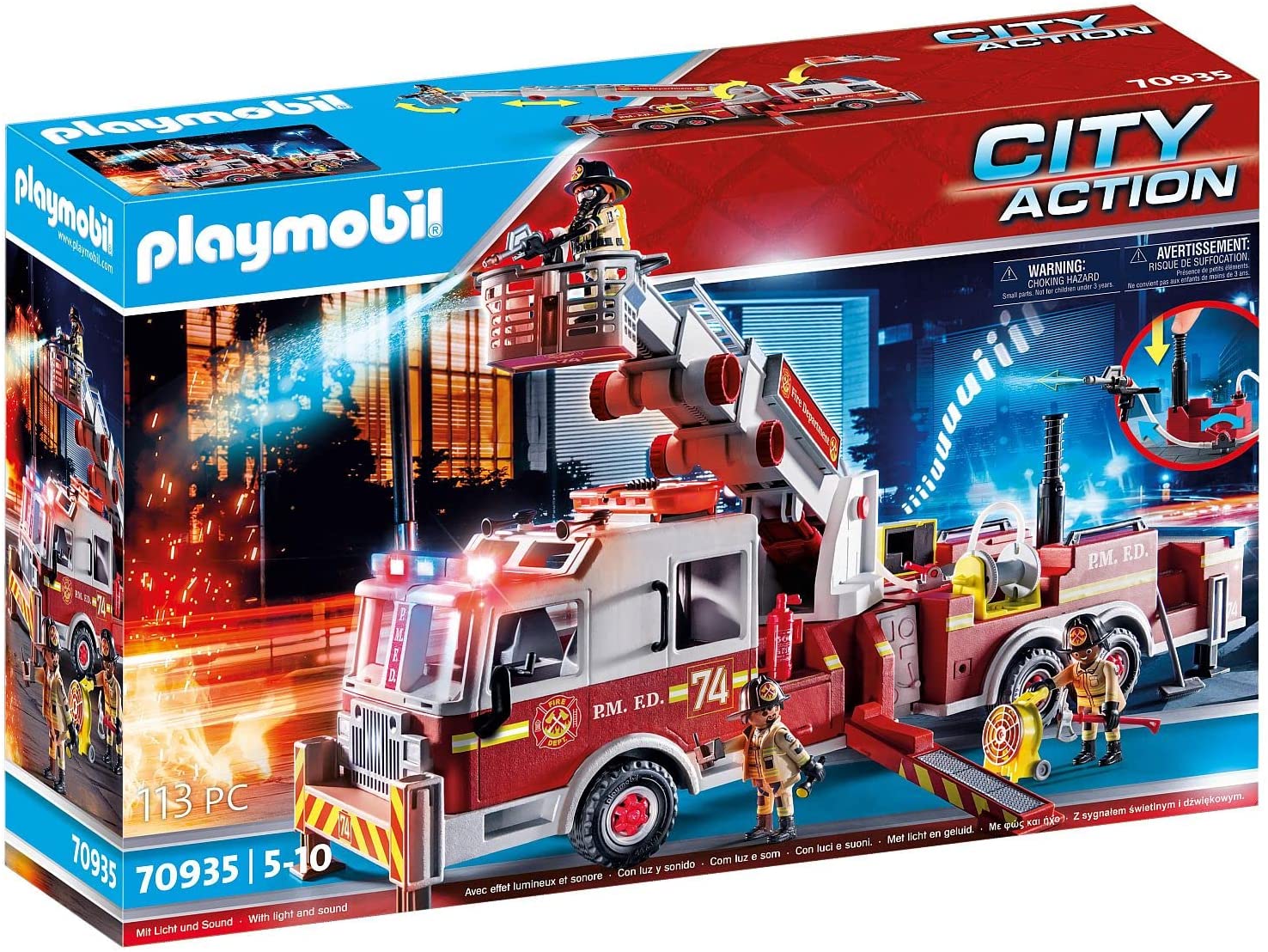 PLAYMOBIL City Action 70935 Fire Engine US Tower Ladder with Light and Sound Toy for Children from 5 Years