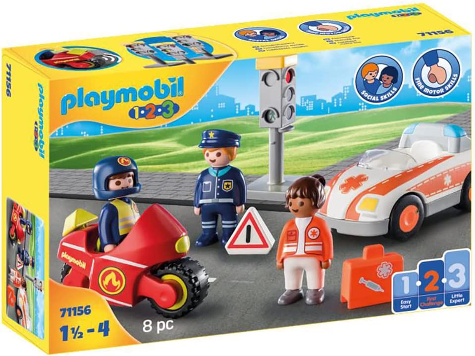 PLAYMOBIL 1.2.3 71156 Everyday Heroes with Fire Engine Motorcycle with \"Driving Sounds\" and Adjustable Traffic Lights, First Toy for Children from 1.5 to 4 Years