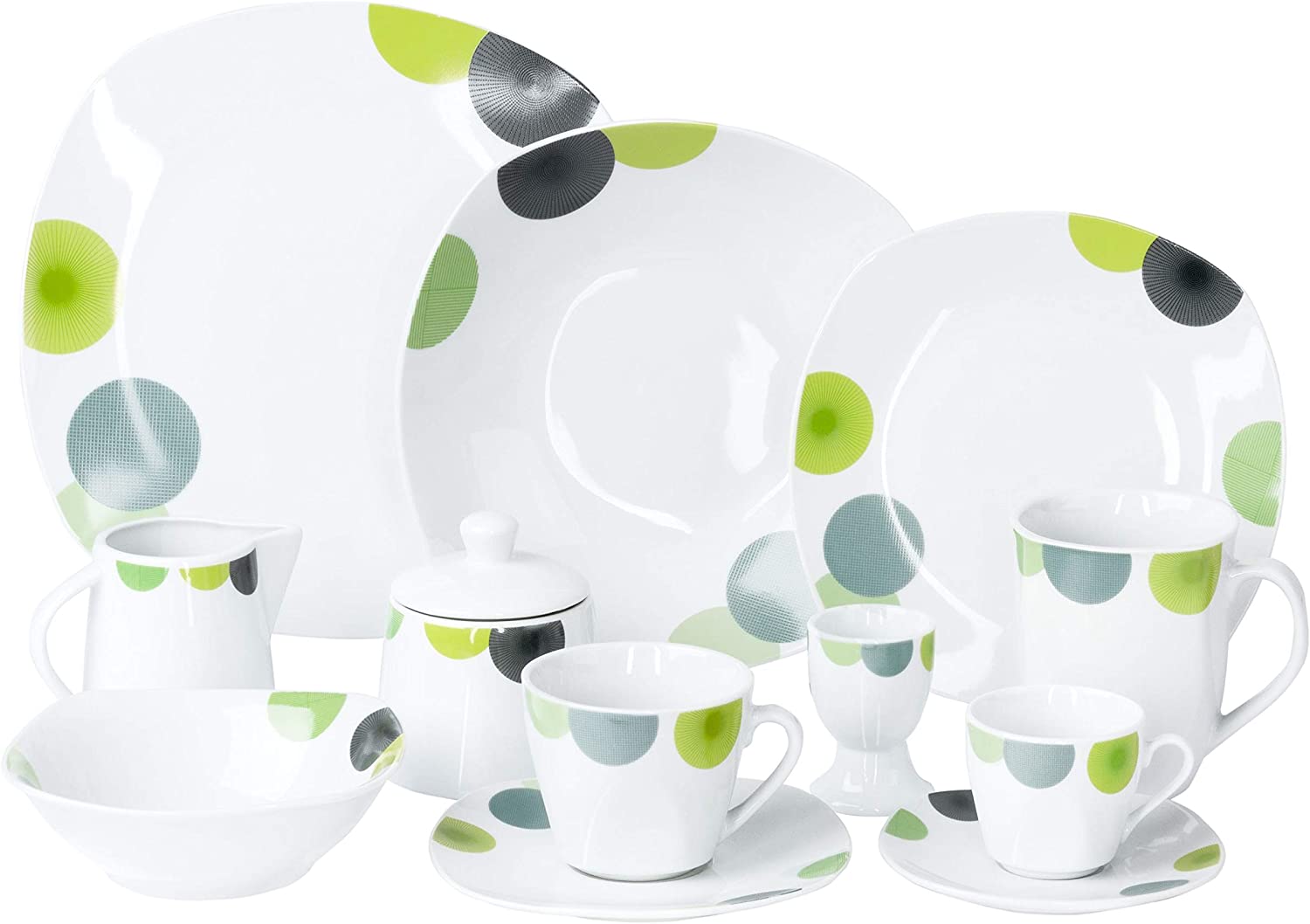 Van Well Rondo 62-Piece Combination Crockery Set for 6 People, Dinner Service + Coffee Set + Accessories, Retro Look Green/Yellow, Fine Porcelain, Circles