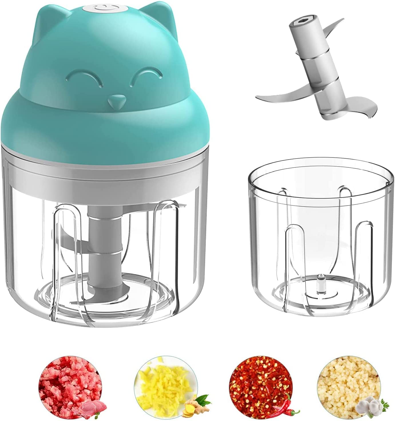 EUBSWA Mini Electric Chopper, 250 ml Onion Chopper Wireless Portable One Button Operation, Easy to Clean, Multi Chopper for Garlic, Chilli, Vegetables, Meat, Nut (Blue)