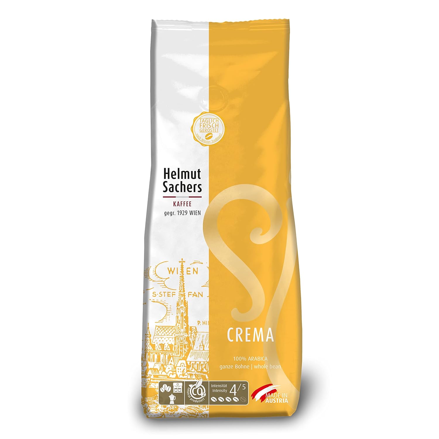 Helmut Sachers Coffee - Crema, Intensity 4/5, 100% Arabica, Whole Coffee Beans, 500 g