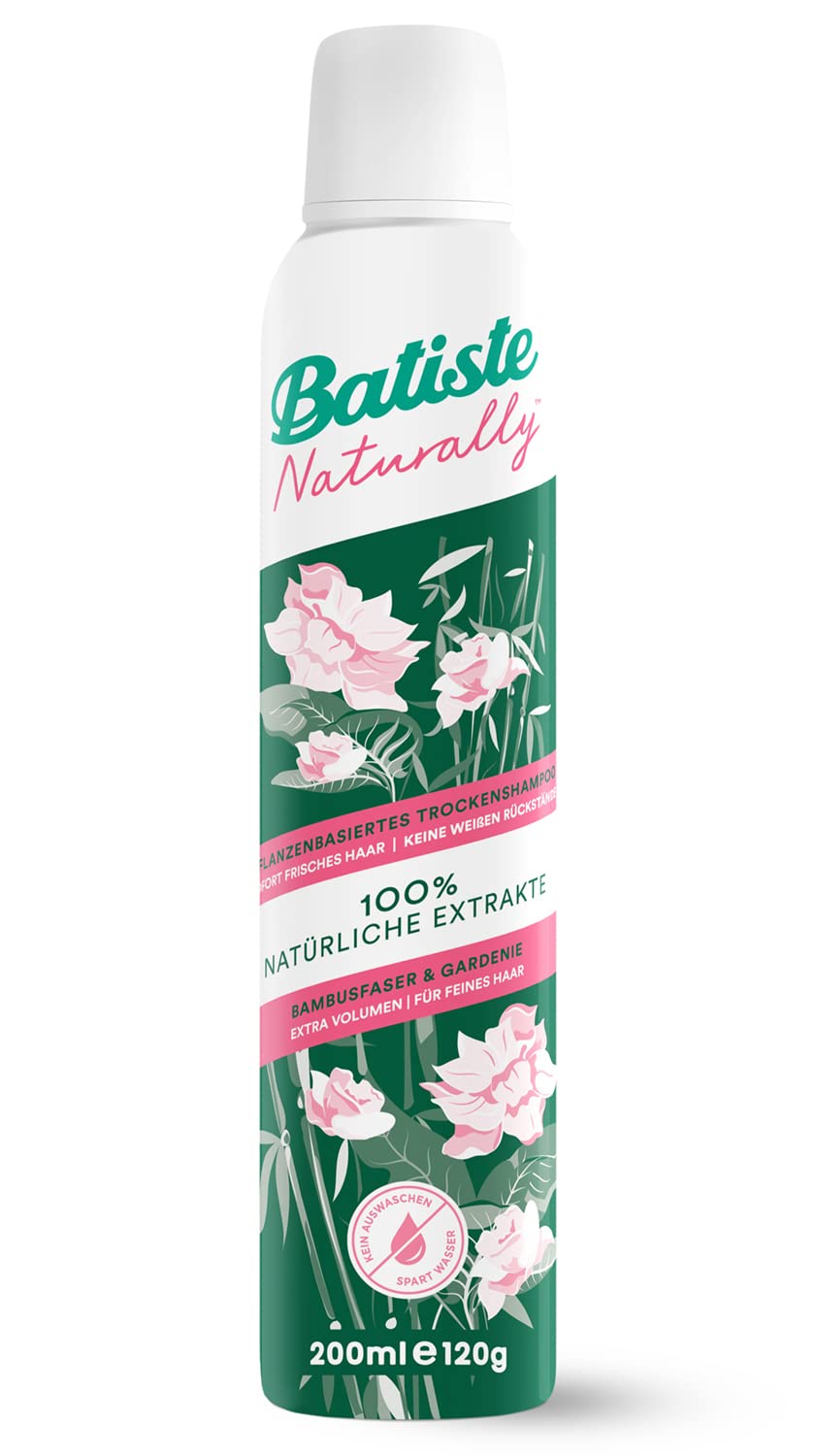 Batiste Dry Shampoo Naturally Bamboo Fibre & Gardenia 200 ml, Dry Shampoo for Refreshing and Styling Fine Hair, No Rinse, Hair Styling Vegan, with 100% Natural Extracts, ‎clear