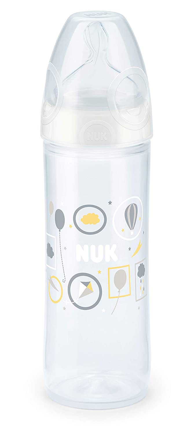 NUK New Classic Baby Bottle 250 ml Narrow Bottle Body, Orthodontic NUK First Choice Plus Silicone Teat 6-18 Months M (Milk), Balloon, Grey