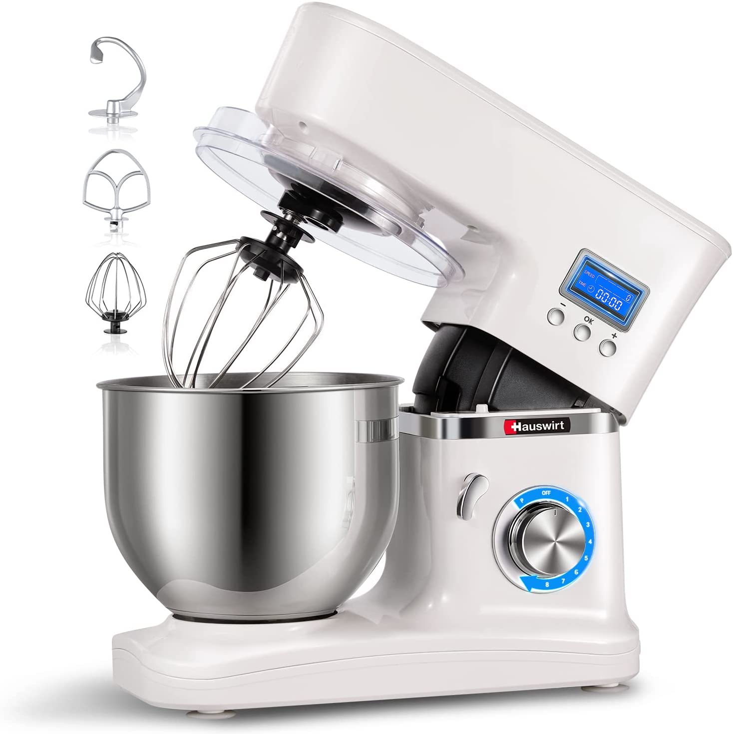 Hauswirt Multifunctional Food Processor, Electric Kitchen Mixer, and Kneading Machine with 5 Litre Stainless Steel Mixing Bowl, 8 Speeds, 1000W, Whisk, Dough Hook, and LCD Screen
