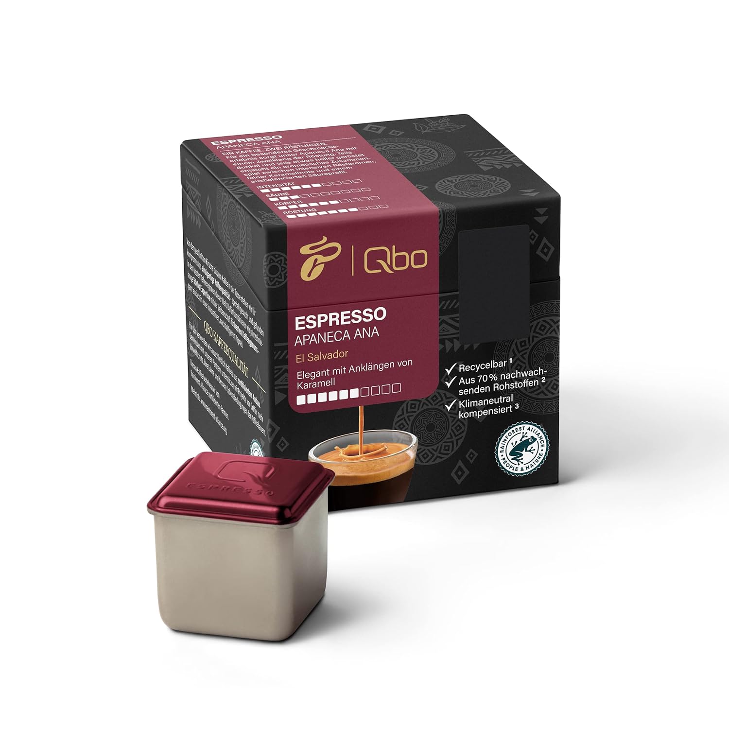Tchibo Qbo Espresso Apaneca Ana Premium Kaffeekapseln, 144 Stück - 18x8 Kapseln (Espresso, Intensität 5/10, elegant mit Karamellnote), nachhaltig, aus 70% nachwachsenden Rohstoffen