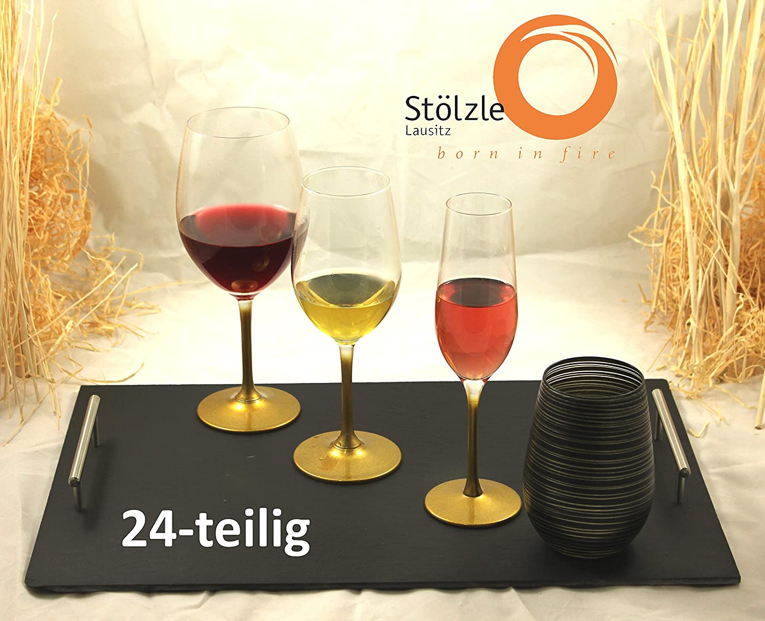 Stölzle Lausitz 24 Piece Set with 6 Glasses Red Wine White Wine Champagne Gold Cup, Crystal Glass, 250.616