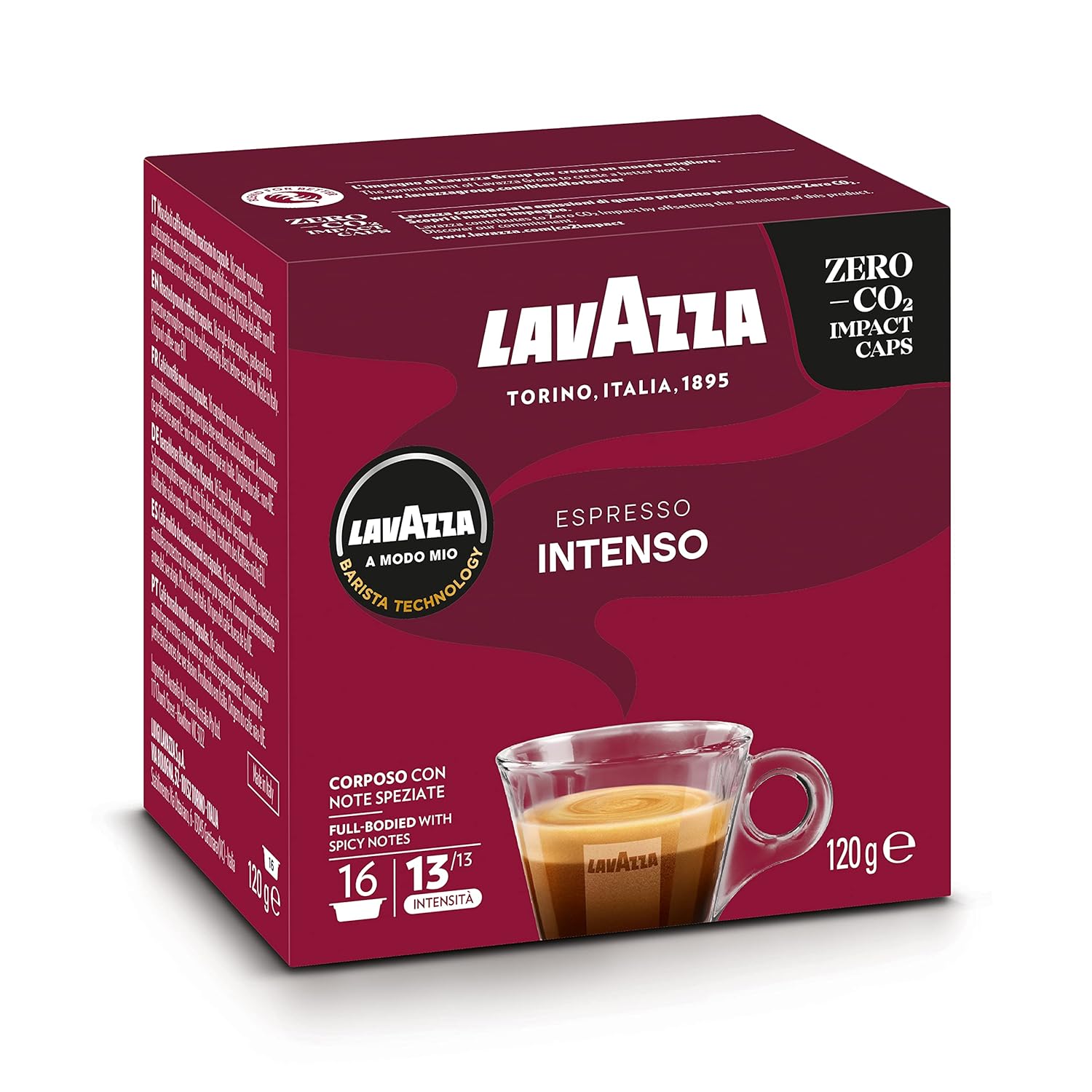 Lavazza, A Modo Mio Espresso Intenso, Coffee Capsules, Ideal for Latte, Spicy Notes, Arabica & Robusta, Intensity 13/13, Medium Dark Roast, 1 Pack of 16 Espresso Capsules