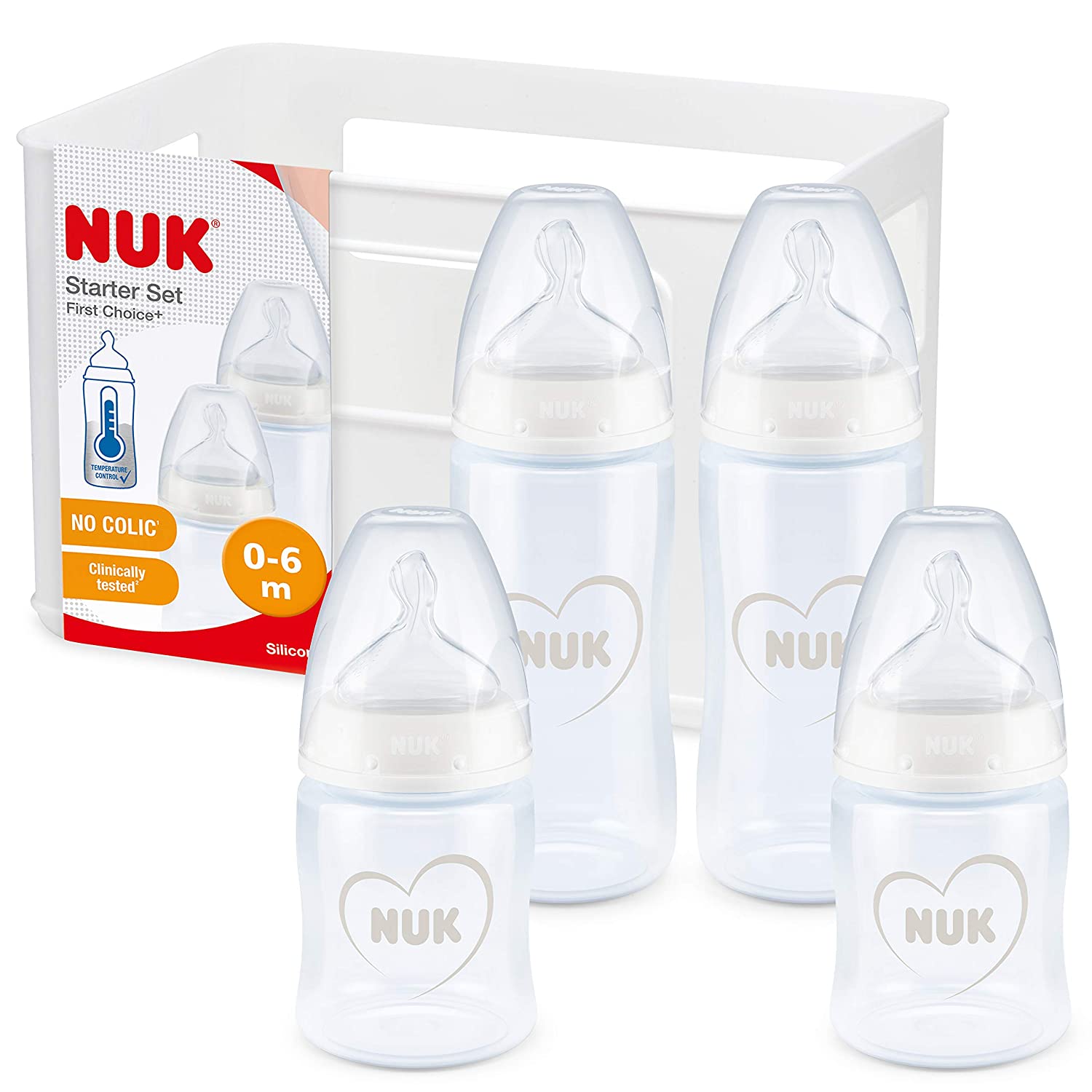 NUK First Choice⁺ Baby Bottle Starter Set Including Bottle Box, 0–6 Months, Anti-Colic, BPA-Free Hearts (white)
